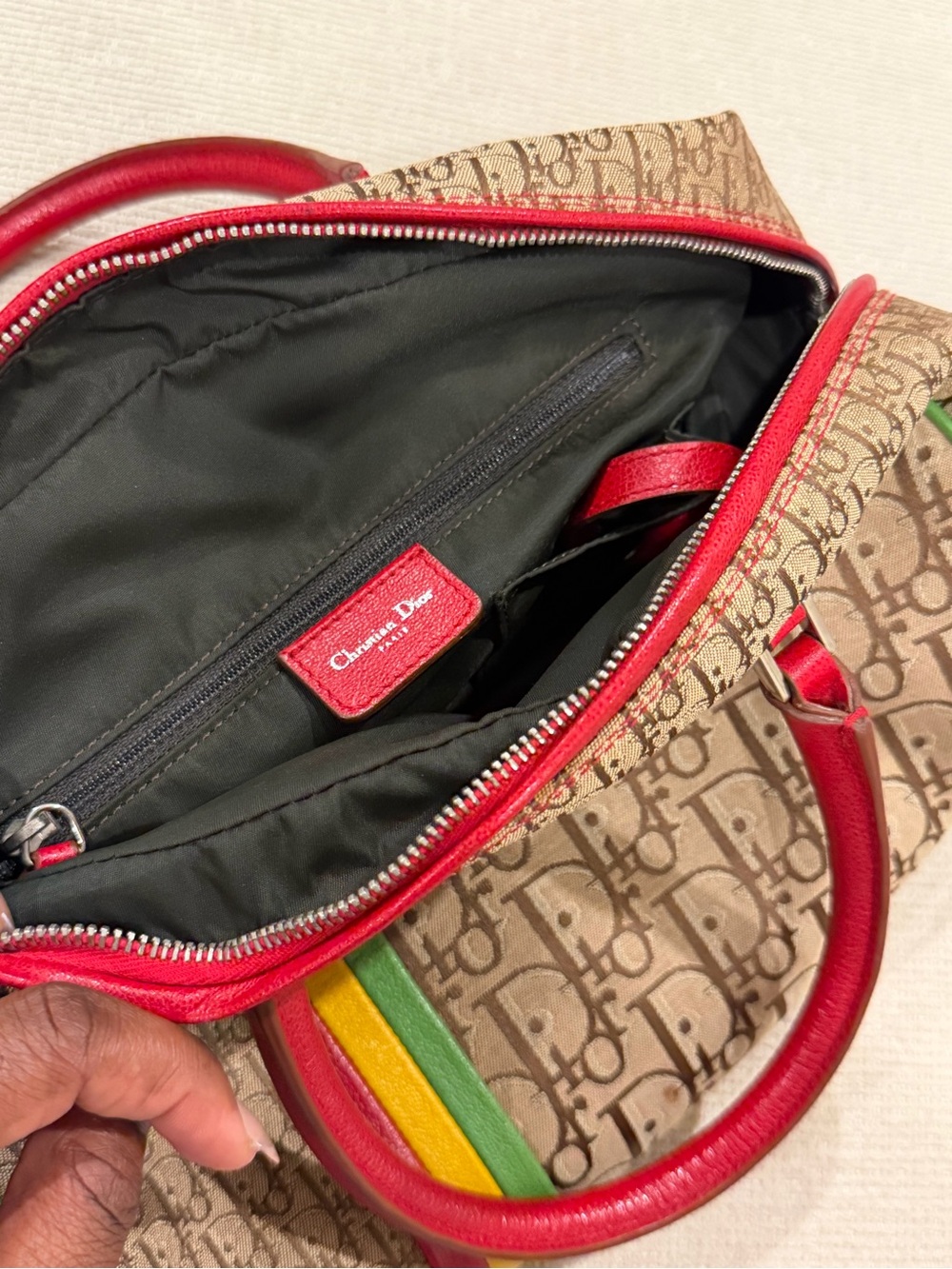 Dior Beige Monogram Satchel with Red Handles and Multicolor Stripe - Picture 5 of 6
